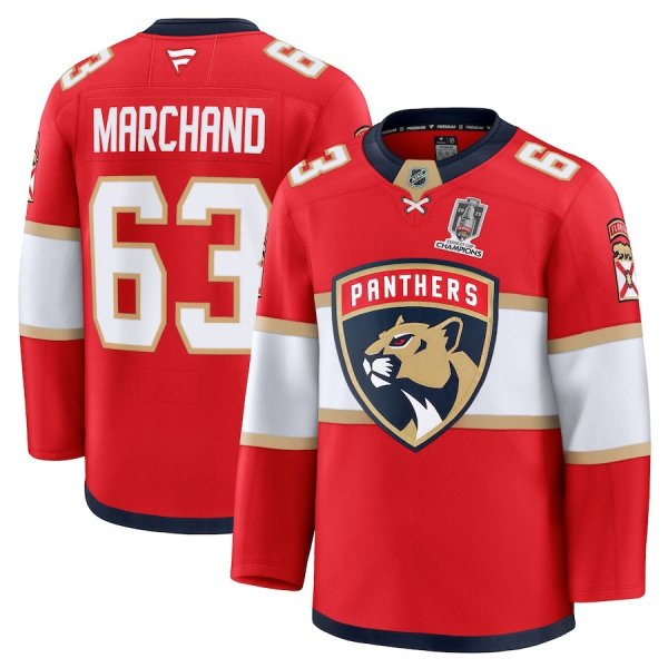 Men's #63 Brad Marchand Florida Panthers Home 2025 Stanley Cup Champions Premium Patched Red Jersey