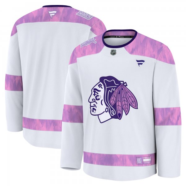 Men's Chicago Blackhawks Fanatics White 2024 Hockey Fights Cancer Practice Jersey