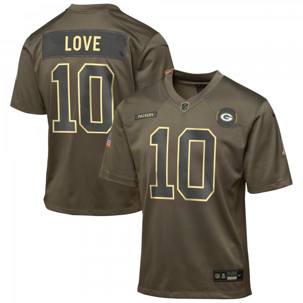 Youth #10 Jordan Love Green Bay Packers Nike 2025 Salute to Service Game Olive Jersey